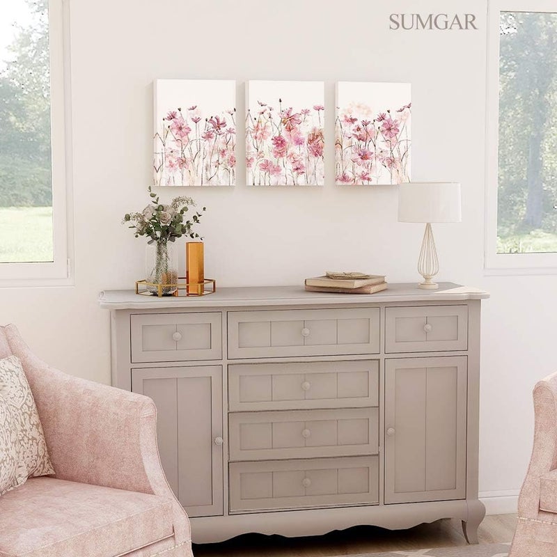SUMGAR Pink Flower Wall Art Bedroom 3 Piece Romantic Floral Wildflower Plants Nature Scenery Canvas Watercolour Paintings, Red Bloom Pictures for Teen Girl Room Living Room, 12 x 16 inch - Image 3